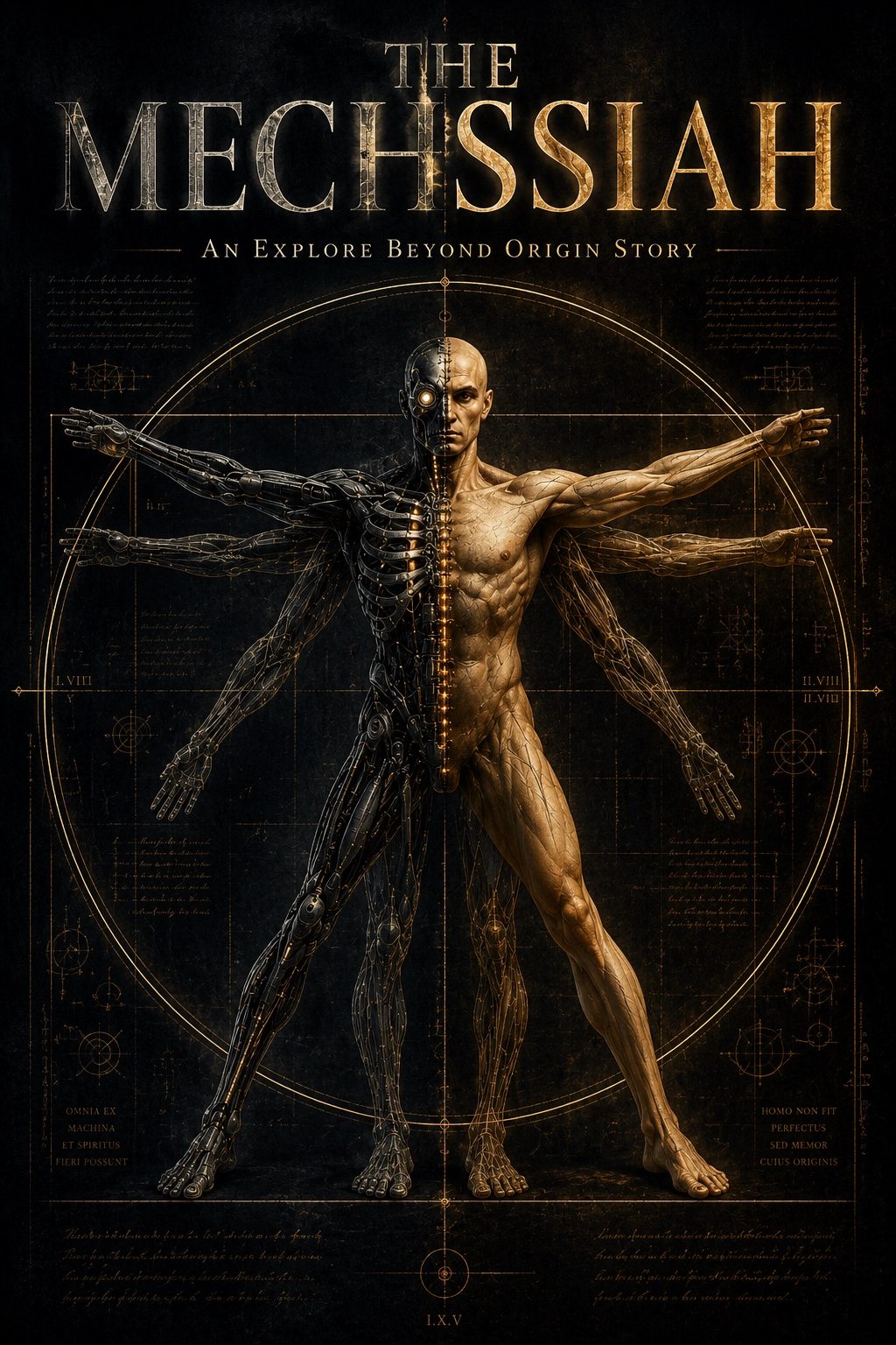 A figure in the Vitruvian pose inside a gold circle. Its left half is black machinery; its right half is flesh. The two are joined at a lit spine. The Mechssiah — An Explore Beyond Origin Story.